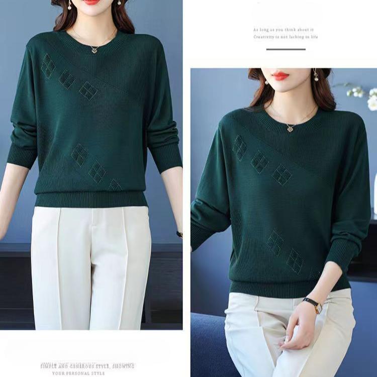 Fall Winter Women's Plus Size Sweater Long Sleeve Loose Crew Neck Knitwear Sweater Rhinestone Pullover Knit Top Stretch Jumper