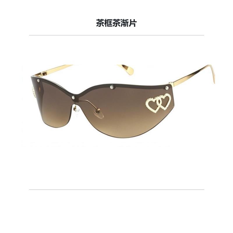 Personalized curved lenses, one-piece frameless elegant sunglasses, women's high-end double heart-shaped decorative sunglasses