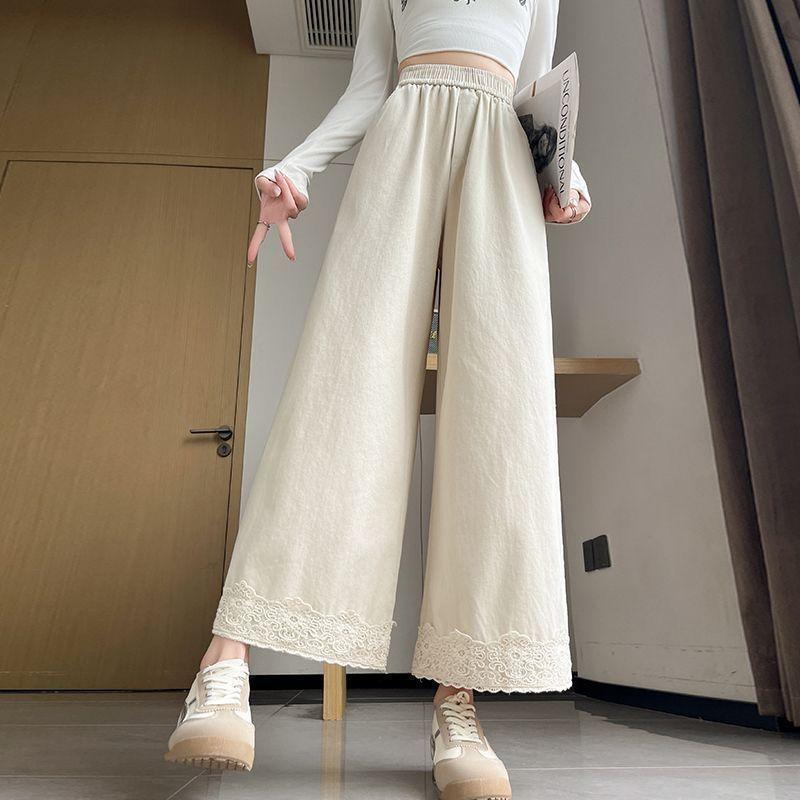 

Lace Lace Splicing Pants Women Spring Summer High Waisted Wide Legged Trousers Loose Skinny Casual Stylish Straight XXL бежевый