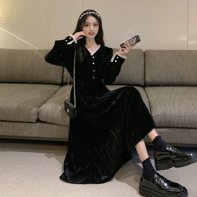 French Light Luxury Retro Black Dress Herben-Style Velvet V-Neck Small Niche Slimming Temperament Long Dress