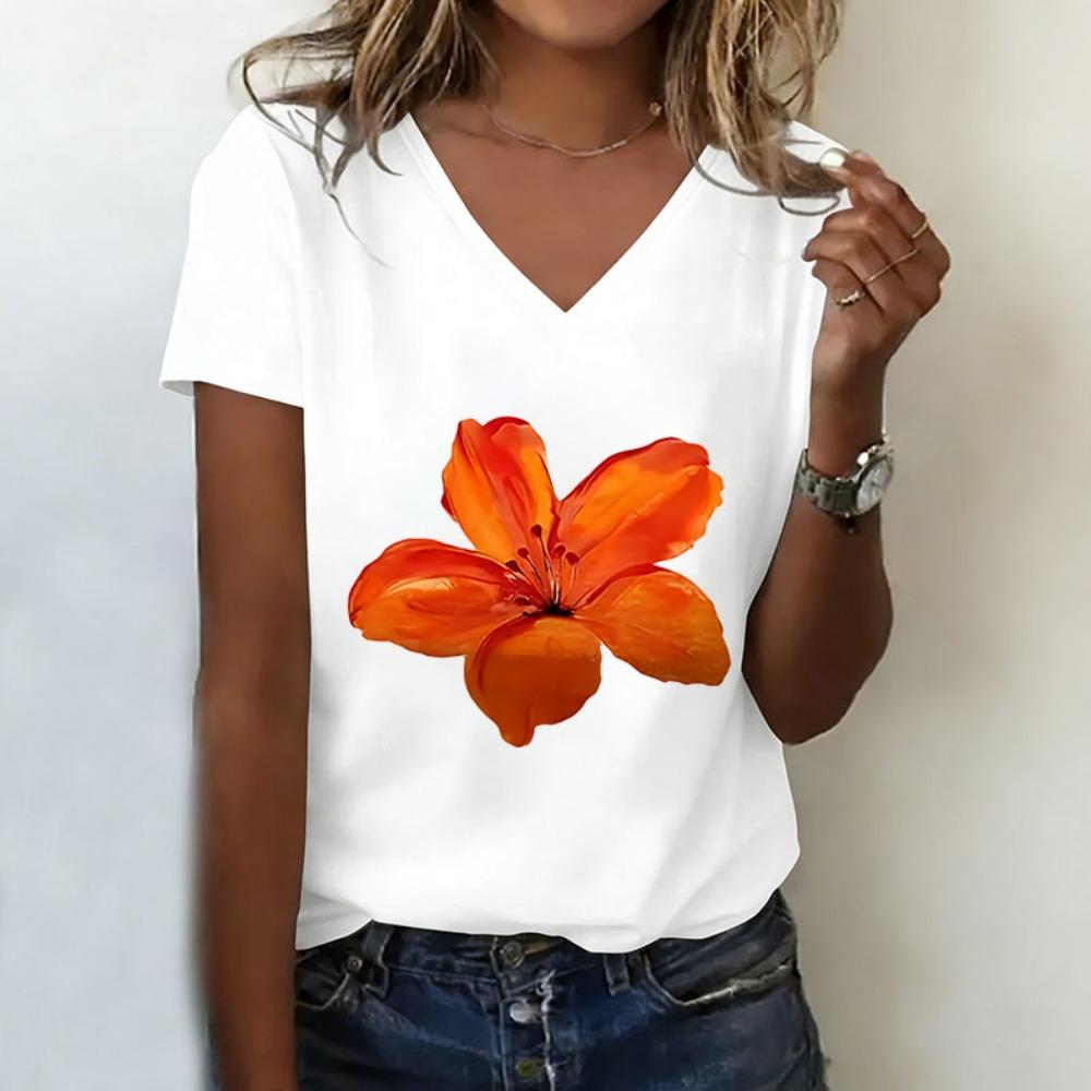 Retri Flower T-shirt V Neck Casual Fashion Floral Printed T Shirts Women Short Sleeve Tee Shirt V-Neck Graphic Tee