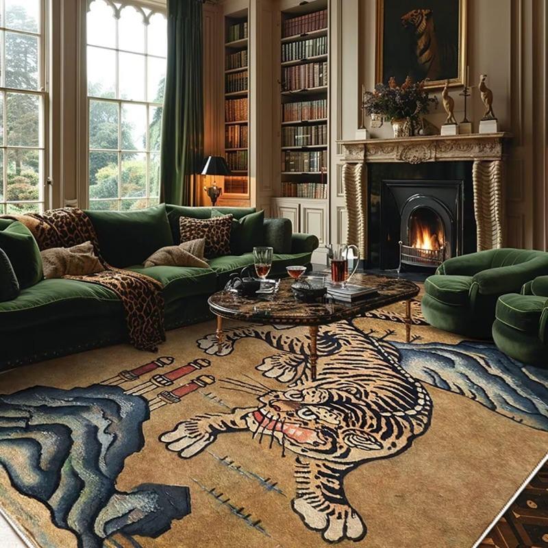 Retro Nordic Style Living Room Carpet Large Area Leopard Print Bedroom Rugs Machine Washable Foldable Non-slip Coffee Table Mats