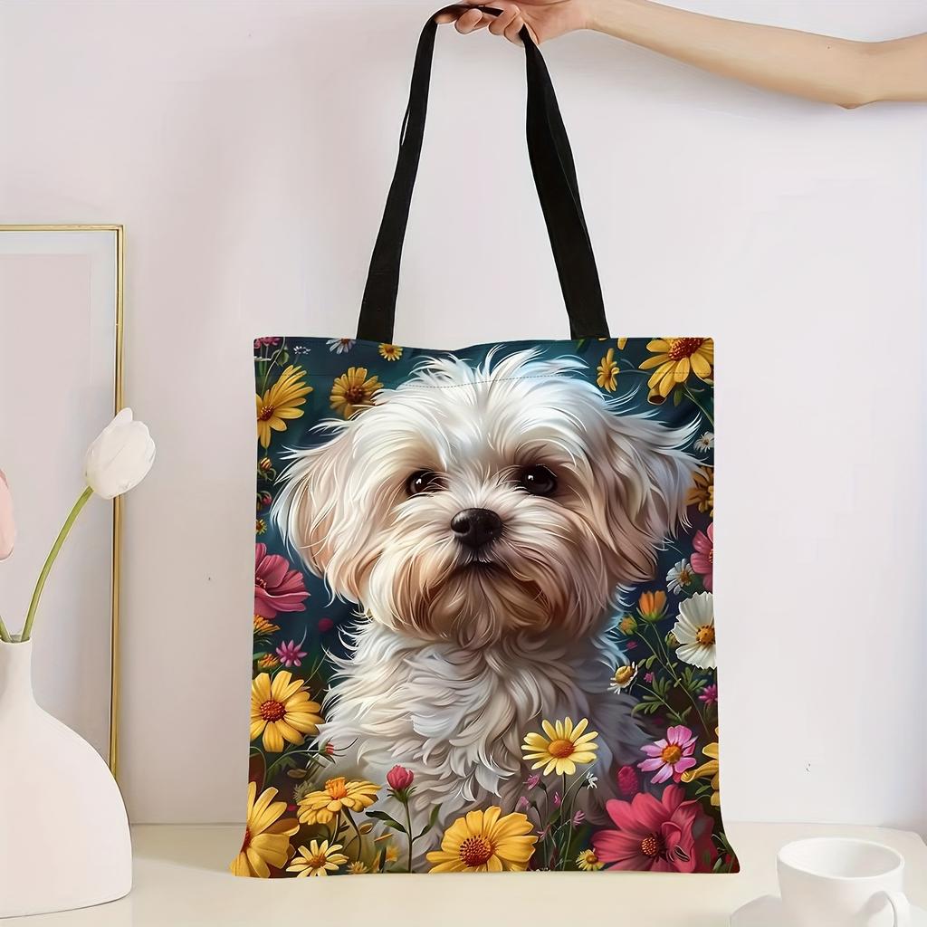 Chic Puppy Floral Tote Bag Lightweight Reusable Shopping Handbag for Everyday Use Flower Multifunctional Shoulder Bag