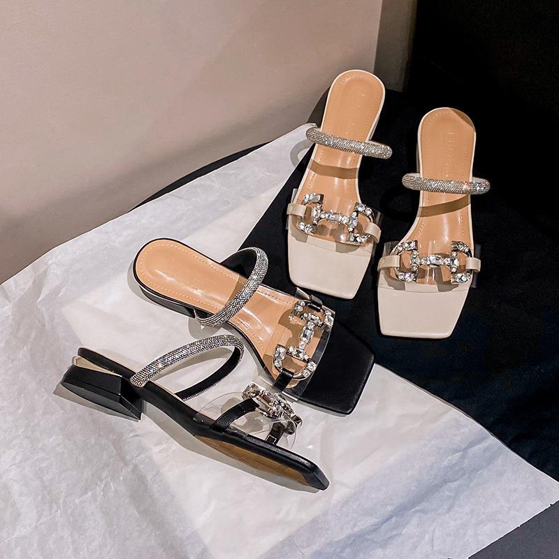 25 Summer New Diamond-encrusted Letter Sandals Korean Medium Heel Bow High Heel Open Toe Sandals Women's Shoes Thick Heel