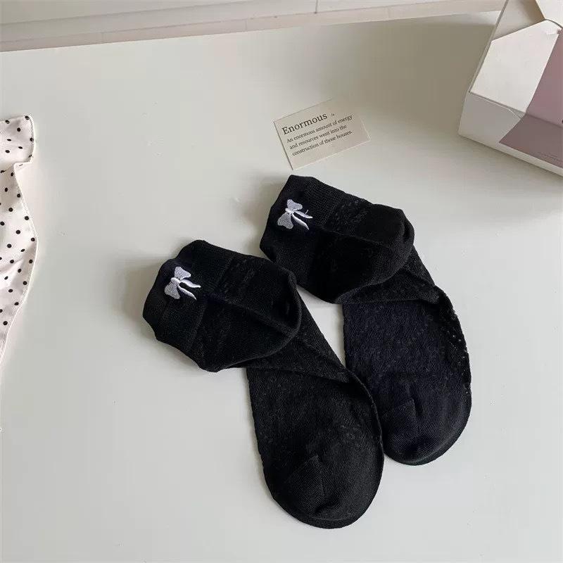 

Женские носки с бантом на пятке, короткие, тонкие, однотонные, дышащие хлопковые носки, сетчатые носки, весна-лето 1 pair чёрный