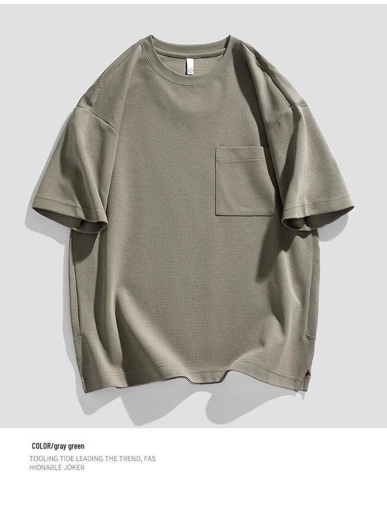 Men's Summer Heavyweight Pocket T-Shirt - Loose Fit, Solid Color, Short Sleeve, Slit Design.