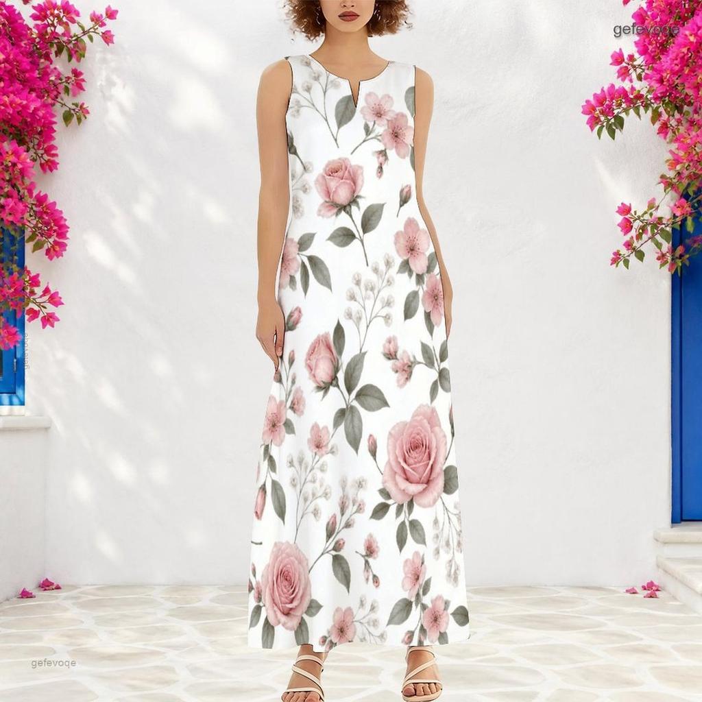 Women Plus Size Notch Neck Sleeveless White Blue Yellow Floral Printed A Line Long Maxi Dress