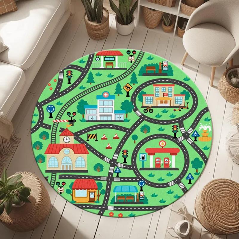 

Круглый ковер с рисунком городской дороги Детский игровой коврик Веселое взаимодействие родителей и детей Водопоглощающий противоскользящий коврик Декор игровой зоны 40x40cm