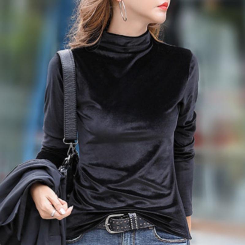 Herbst Halbochgeschlossenes Unterhemd für Damen mit langen Ärmeln Slim Slim Vielseitiges T-Shirt mit modischem Goldvelours T-Shirt Oberteil