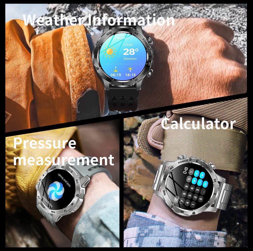 SACOSDING 800mAh Akku mit großer Kapazität Smartwatch Herren Outdoor Kompass Taschenlampe IP68 Sport Fitness Sprachanrufe Herren Smartwatch