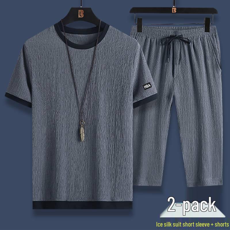 

Мужской летний повседневный спортивный костюм из ледяного шелка - Комплект из двух предметов: футболка с коротким рукавом и шорты XL