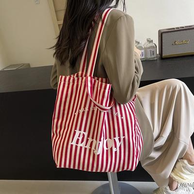 Striped Canvas Shoulder Bag with Letter Design  Large Capacity Casual Tote  Minimalist and Versatile