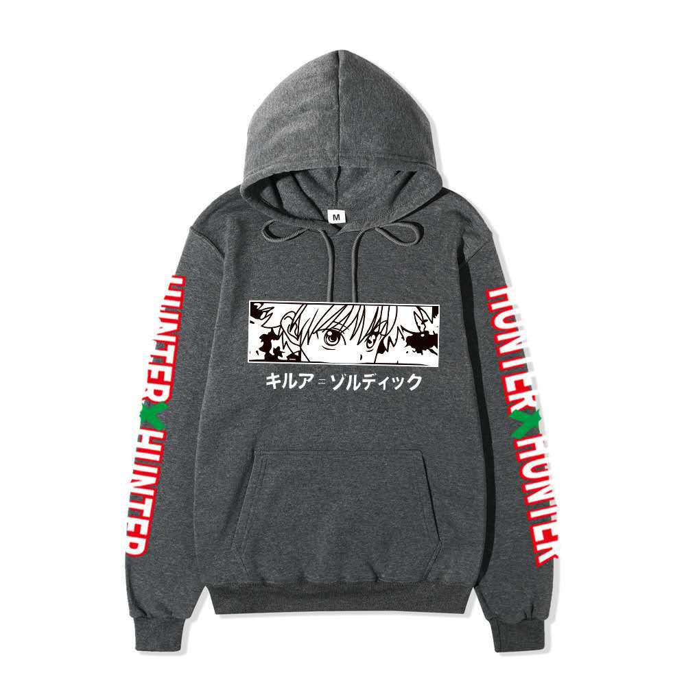 Hunter X Hunter Killua Anime Hoodie Sleeve Letter Print Black Manga Long Sleeve Casual Hooded Pullover Sweatshirt