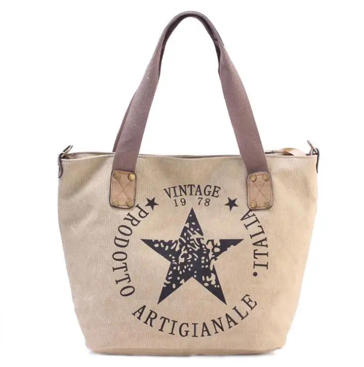 Velká Ležérní Plátěná Dámská Taška Přes Rameno Módní Tote Taška s Potiskem Pentagramu Dámská Vintage Stylu Dámské Nákupní Tašky