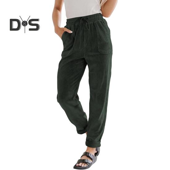 Women Corduroy Pants High Waist Baggy Drawstring Elastic Waist Casual Trousers Loose Fit Straight Leg Pockets Work Pants