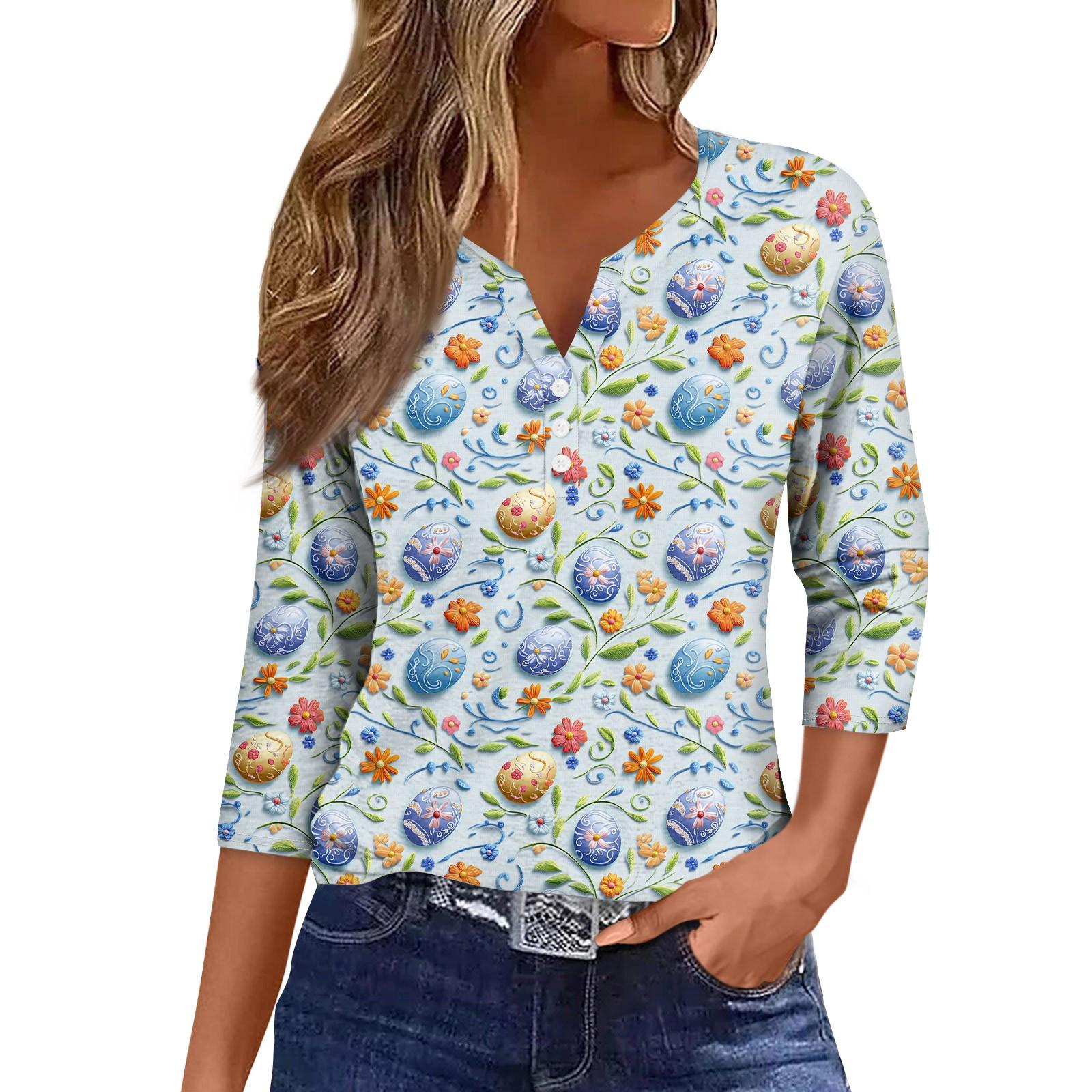 

Women s Loose Casual Print Seven Quarter Sleeved V-Neck Top Seven Quarter Sleeved V-Neck Top XL небо синє кольору