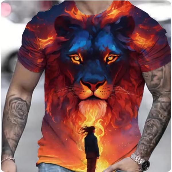 Summer Casual Men's Clothing Oversized Loose Lion Pattern Printed Short Sleeved Round Neck Fitness T-shirts