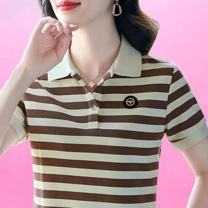 Striped Short-sleeved T-shirt for Women In Summer New Lapel Fashion Fashionable Mother Polo Shirt Versatile Top