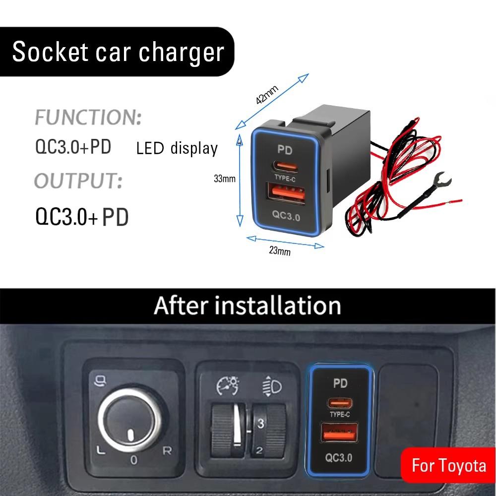 USB C Car Charger PD QC3.0 Dual USB Fast Charger Socket 12V Mobile Phone Charge Power Adapter Outlet For Toyota ZW