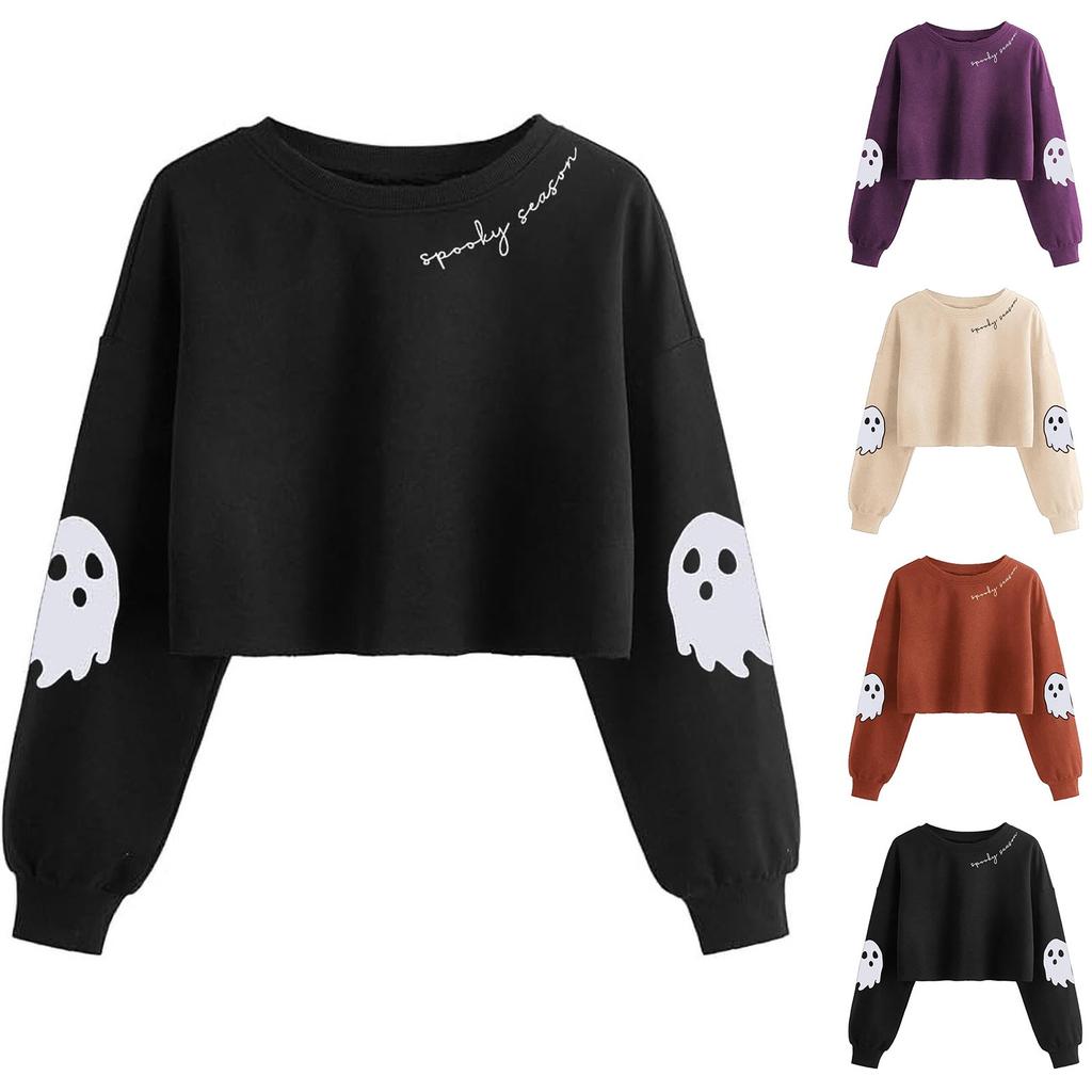 Women's Crop Sweatshirt Fall Halloween Long Sleeve Pullover Sweatshirt