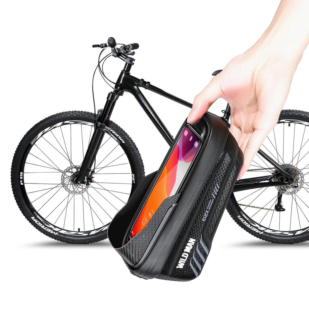 WILD MAN Quick Release Touchscreen Bike Frame Top Tube Bike Phone Front Frame Ideal for and MTB Cycling Bag, Bag, Mountain, Road, (E12X, Black)