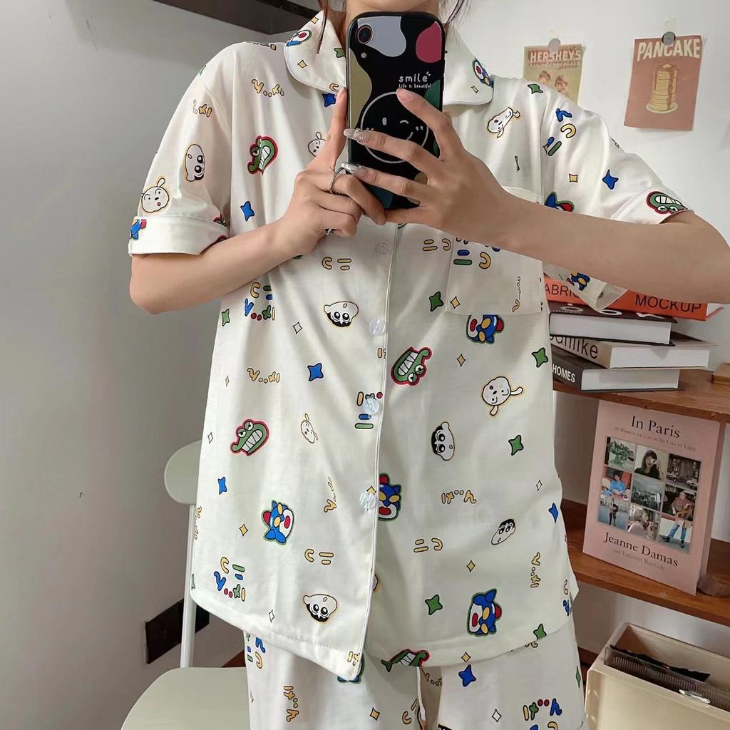Summer Pajamas Women'S Cartoon Crayons Small New Cardigan Short-Sleeved Trousers Lazy Home Student Loungewear Women