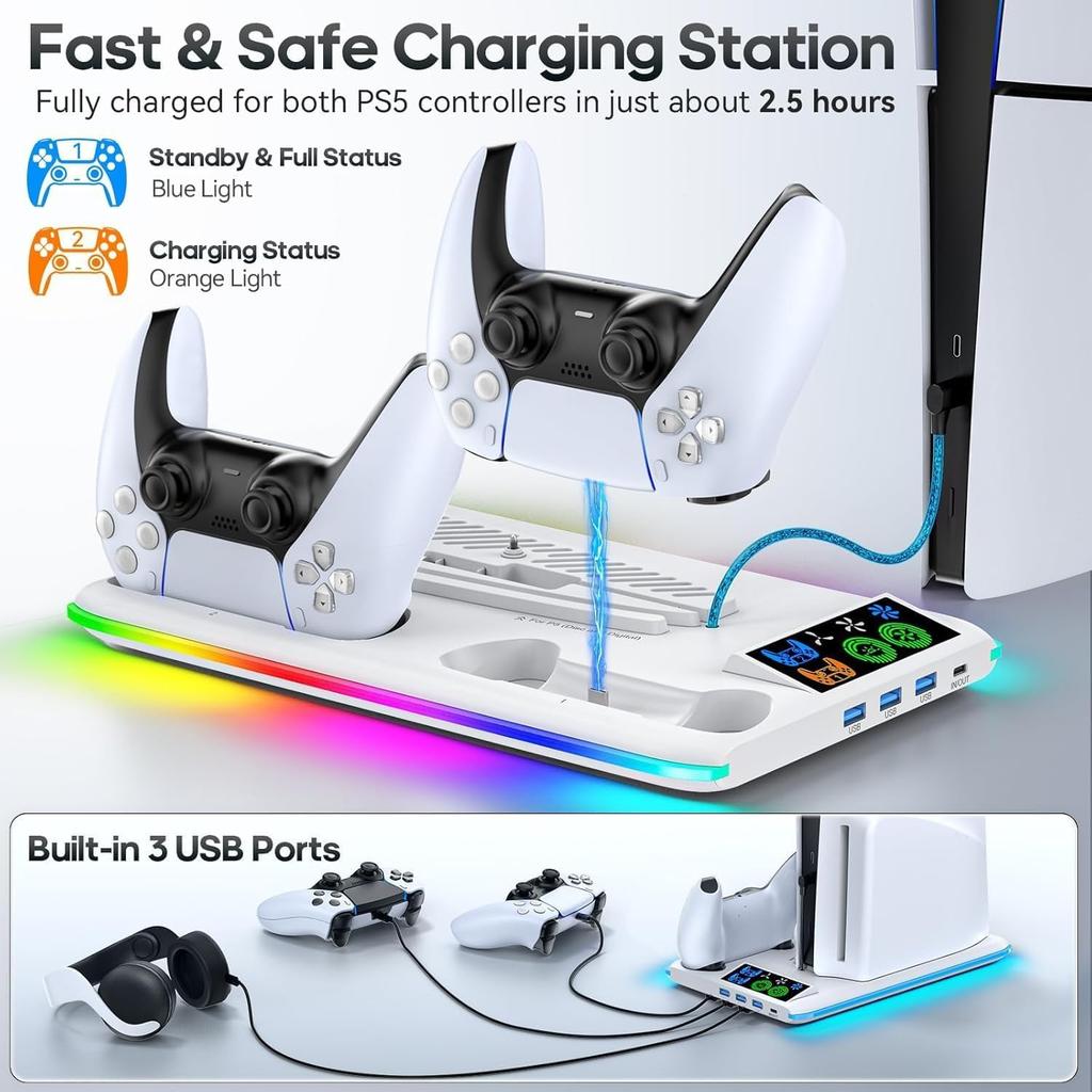 with PS5 3 USB 1 Charging Stand with Vertical Cooling Dual Controller Charging Station with LED Console Support [Compatible PS5/Slim/Pro] + Type-C