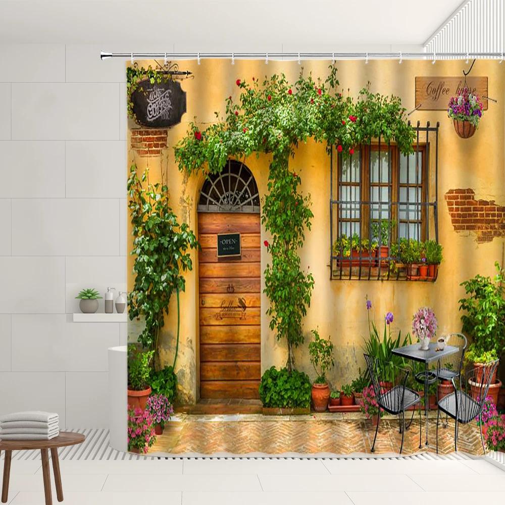 European Town Scenery Shower Curtain Set Street Flower Window Green Vine Retro Old Door And Window Pattern Bathroom Decor Screen