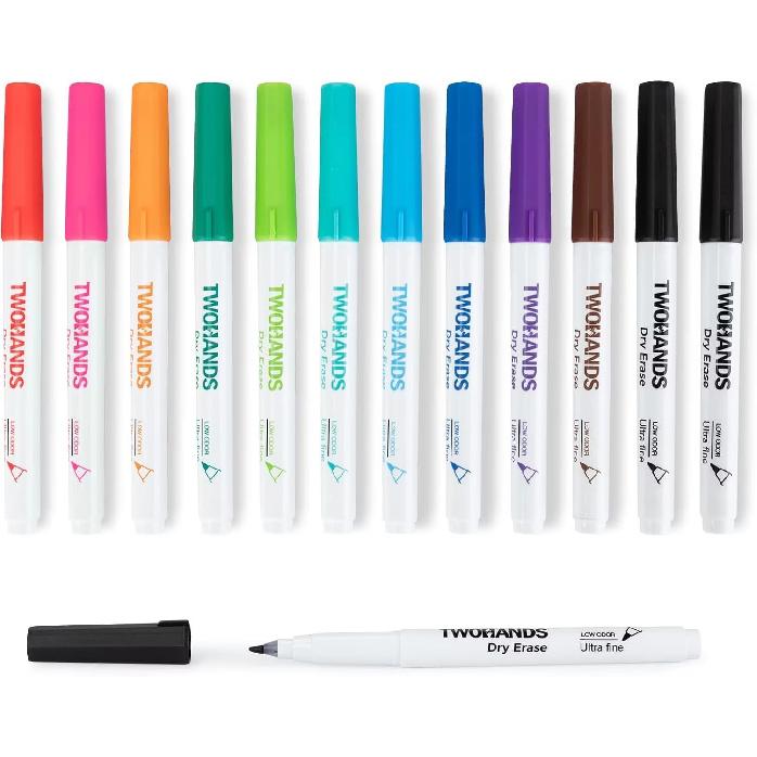 TWOHANDS Dry Erase Markers Ultra Fine Tip,0.7mm,Low Odor,Extra Fine Point,11 Assorted Colors,Whiteboard Markers for Office,Home,or Planning