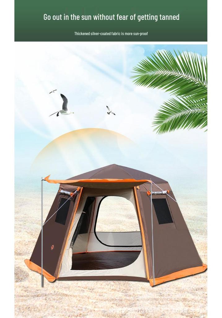 Automatic Hexagonal Camping Tent, Double Layer with Aluminum Poles for 3-8 People, Sun Protection & Rainproof
