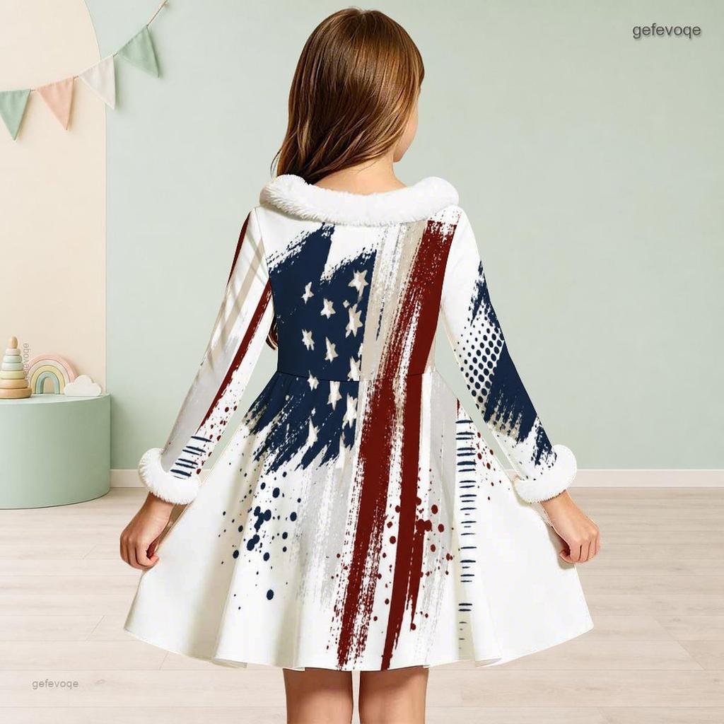 Girls Long Sleeve Star Stripe Printed Dress Fuzzy Collar Cuffs Bow Decor A Line Flared Hem