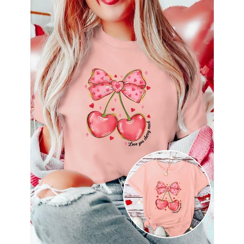 Valentine's Day Gift: Women's Elegant Short-Sleeve Cherry Bow Print Round Neck T-Shirt. Suitable for Spring, Summer, and Autumn. A Versatile,