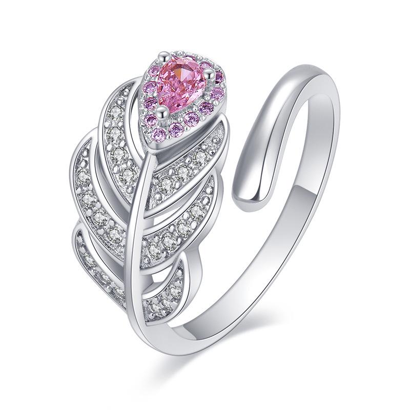 Artistic Leaf Feather Ring with Zircon Inlay - Japanese & Korean Style