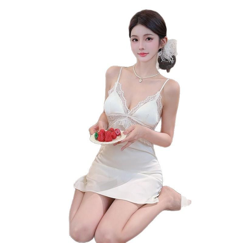 New Women's Summer Ice and Snow Silk Pajamas Ice Silk Sexy Suspender Pajamas Homewear French Pajamas Lace with Chest Pad