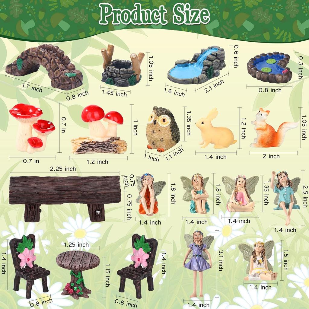 Roowest 19 Pcs Garden Accessories Garden Fairies Kit Miniatures Garden Animals Cute Tiny Mushroom Mini Pond Bridge Figurine Miniature Figurines Micro