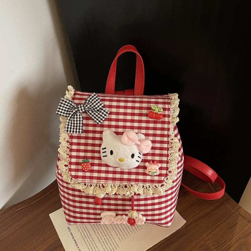 Children's Cute Cartoon Cat Red Grid Backpack Little Girl Lace Decorative Schoolbag New School Backpack