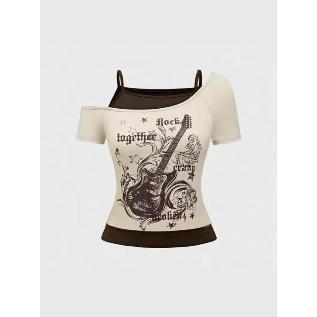 TrendHub Y2k Schlankes Print-Oberteil Damen Schulterfrei Kurzarm T-Shirt Neploe Amerikanischer Vintage Falsches Zweiteiliges Neckholder Schnürung T-Shirts