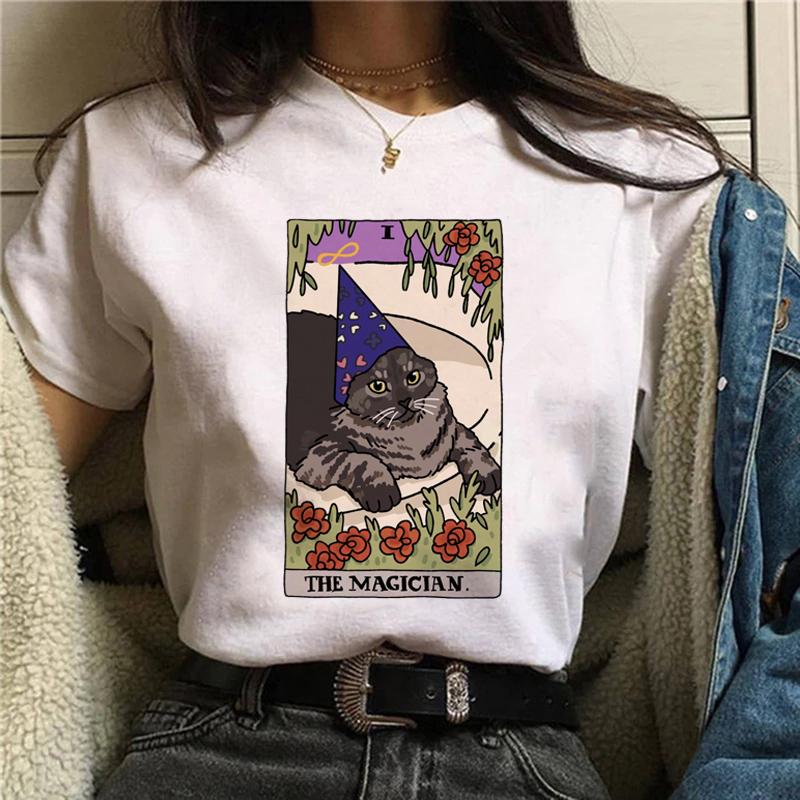 Magic In All Tarot Print T-Shirt Kawaii Magic Cat Printed Tshirt Astronomy Tee Shirt Top Aesthetic Women Hippie Bohemian Tshirt