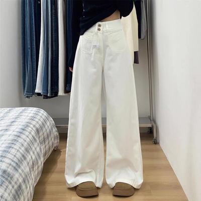 Witte Plus Size High-Waisted Wide-Leg Jeans voor Dames - Herfst Slankmakende Losse Pasvorm, Vloerlengte, Flatterende Peervormige Stijlen