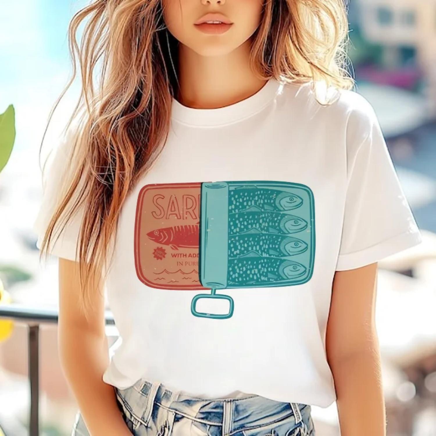 

Sardine Printed Cartoon Women s Short Sleeve T-Shirt Summer O-Neck Top 90 s Casual Regular Fashion Style New Harajuku T-Shirt XXXXXL