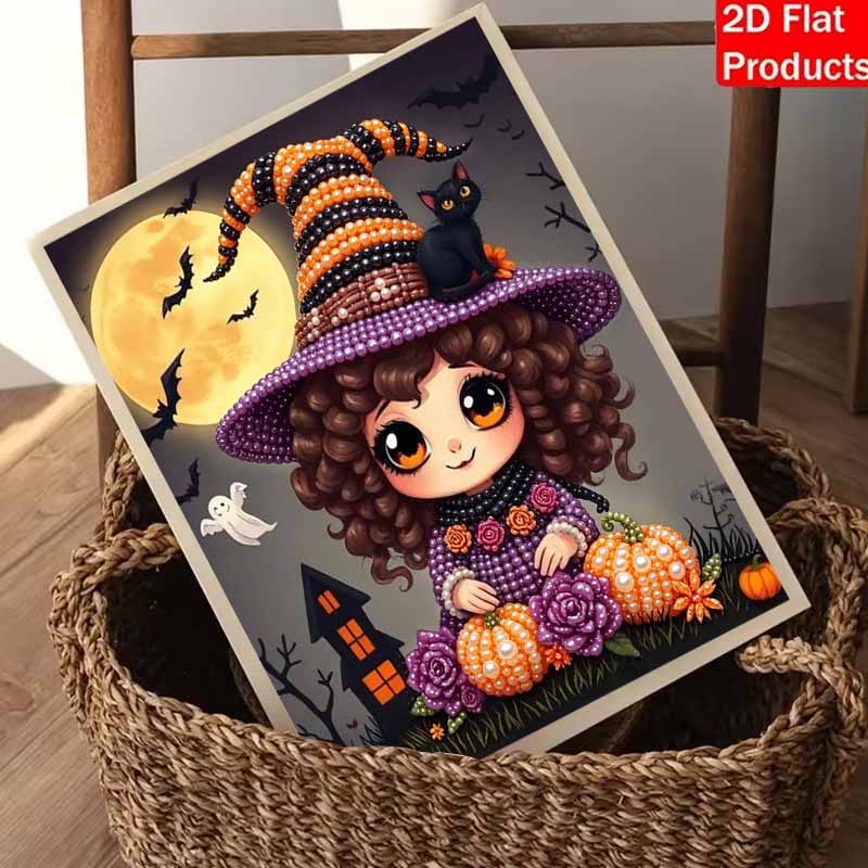 Halloween Pearl Painting Art Full Pearl Handmade Diy Home Decorations Witch Cat Pumpkin Moon Bats Design Art Craft Kit