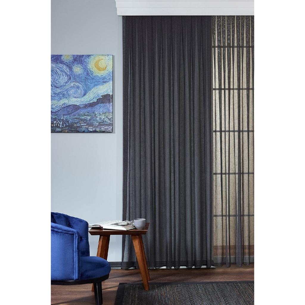 Anthracite Non-iron Linen Plain Tulle Curtain Geneva Pleatless Drawstring Extrafor