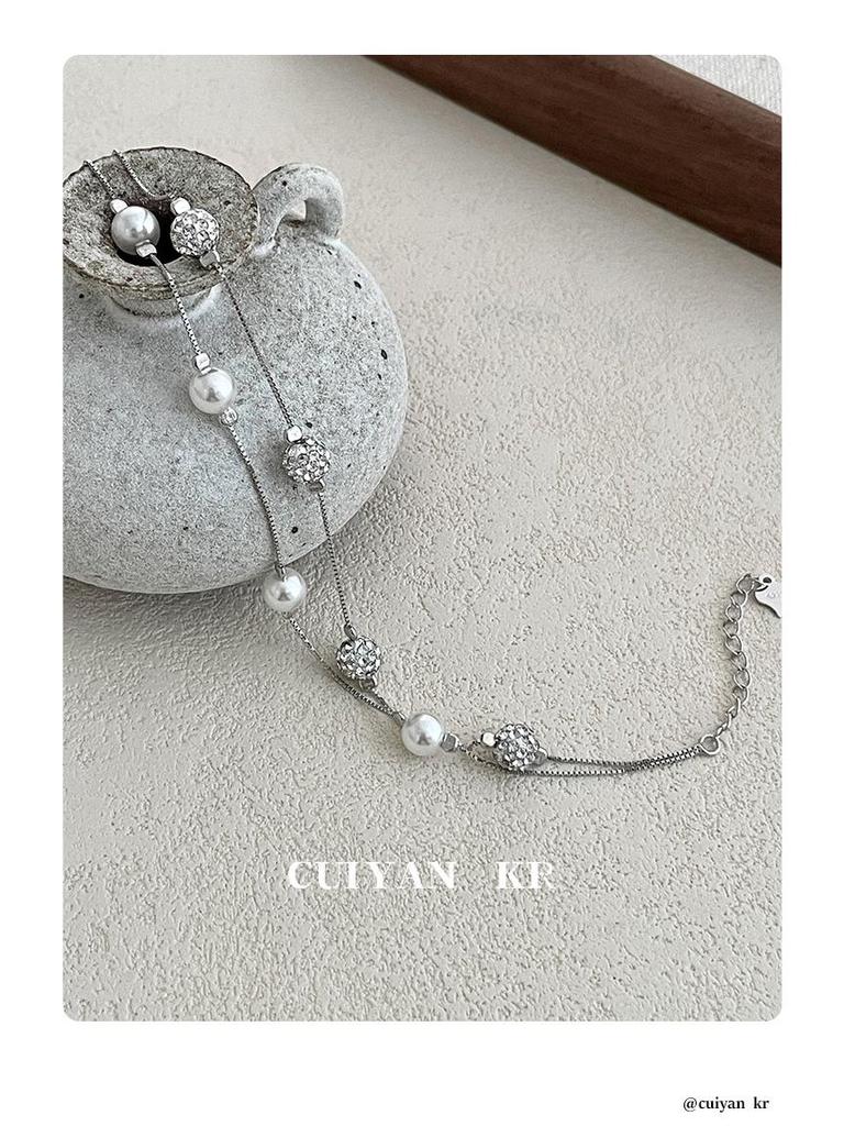 Cuiyan S925 Silver Double-Layer Star Bracelet with Imitation Pearls - Light Luxury Korean Style for Women