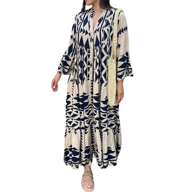 

2023 Cross-Border Plus size European and American Women clothes Amazon Autumn New Pullover Print Bohemian Dress Women Blue 5XL
