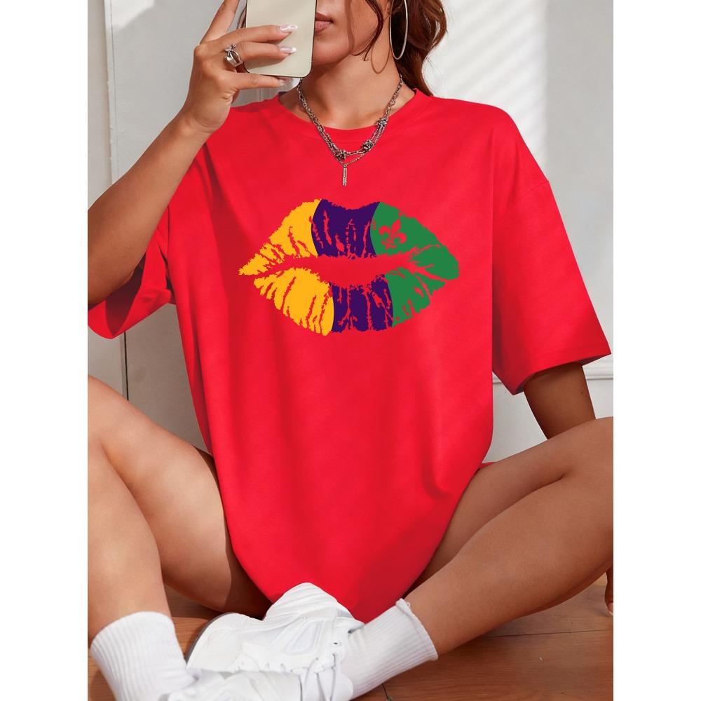 Happy Carnivals Creative Lips Printed Women T-Shirt Cotton Y2K T Shirts Comfortable Short Sleeve Oversized Summer