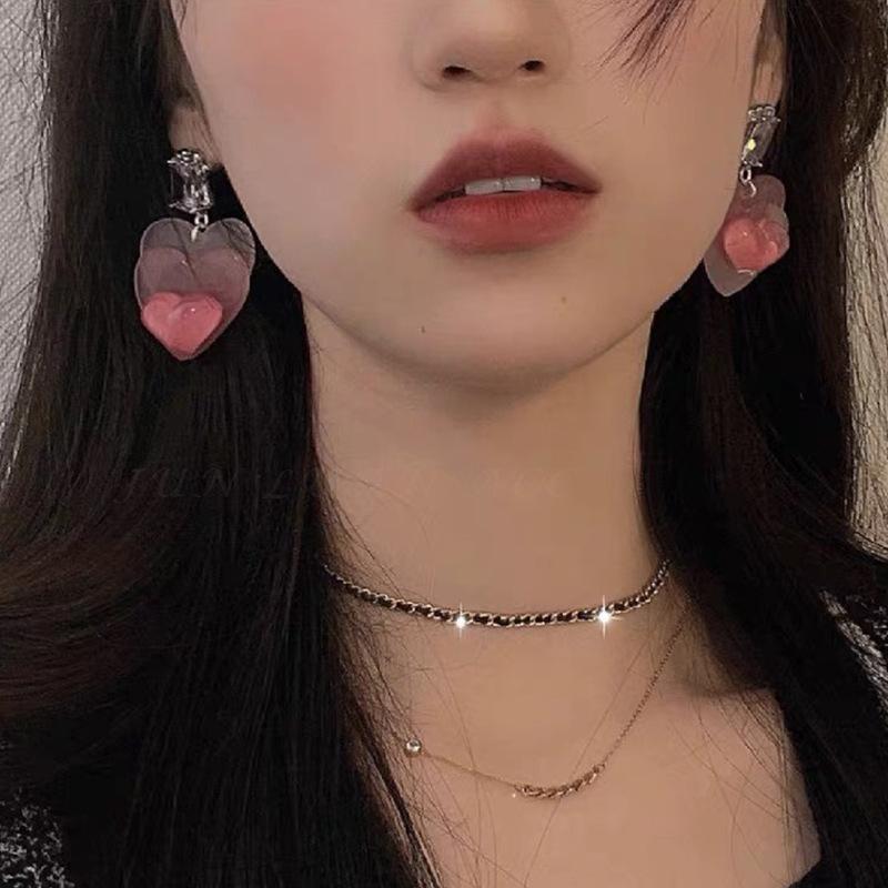 Gradual change pink love zircon resin stud earrings female design sense senior earrings temperament Internet celebrity earrings earrings