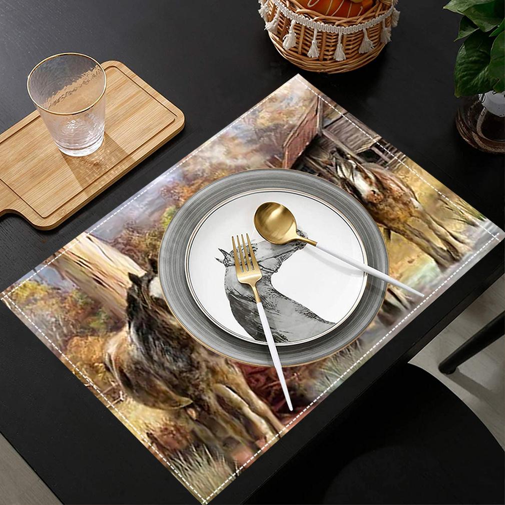 Rustic Horse Place Mats Set of 1 - Linen Knit Fabric Table Mats, Rectangular Dining Table Mats for Home, Kitchen, Parties
