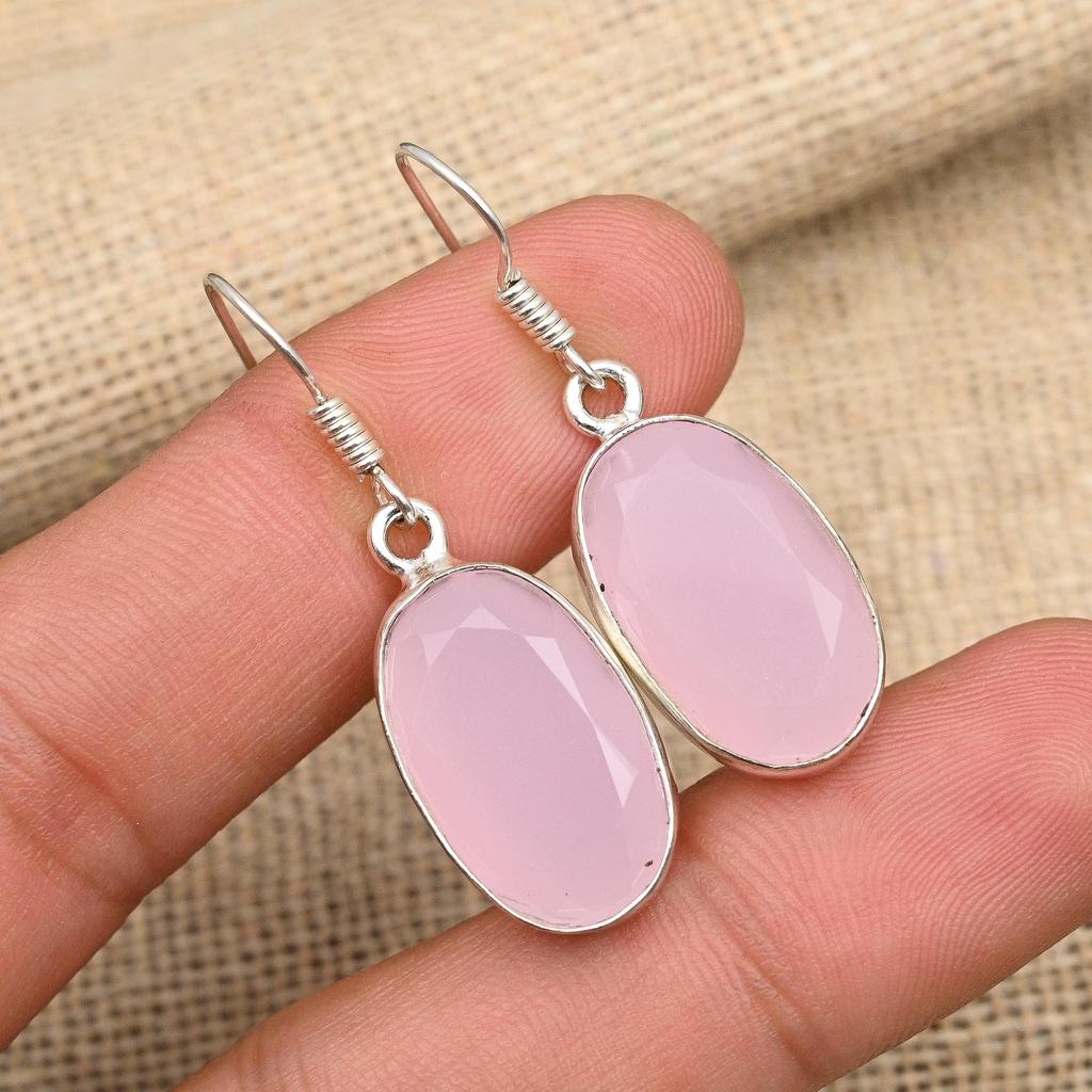 Roze Chalcedoon Edelsteen Handgemaakt 925 Sterling Zilver Oorbel Sieraden Voor Kerst