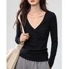 Women Solid Deep V Neck Twisted Long Sleeve Slim Fit Casual T Shirt