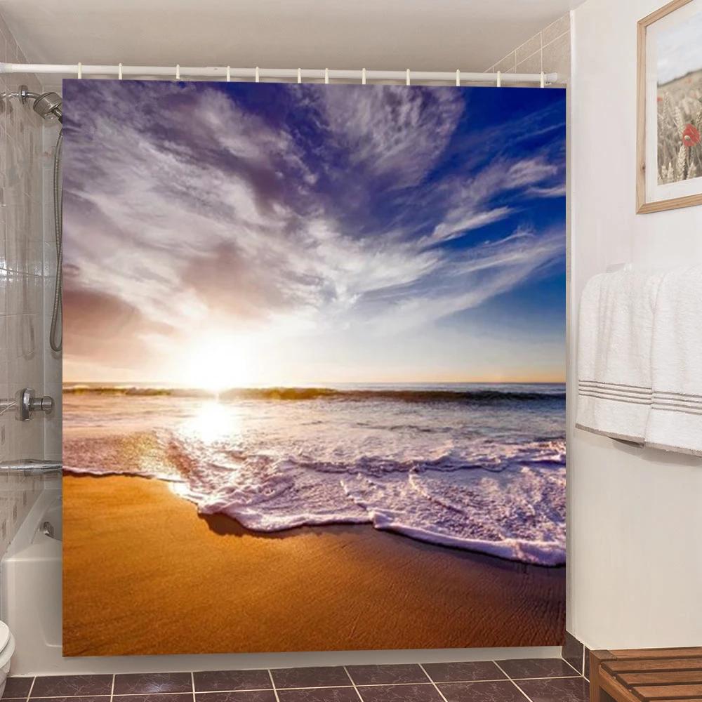 Seaside Sea Beach Sea Wave Coconut Tree Shower Curtains Bathroom Curtain Fabric Waterproof Polyester Bath Curtain With Hooks